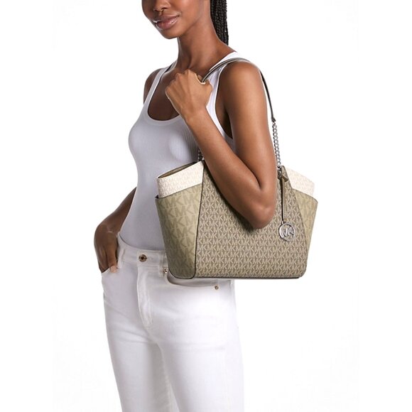 New Michael Kors Jet Set Large Printed Signature Logo Tote Bag Olive - Picture 5 of 5